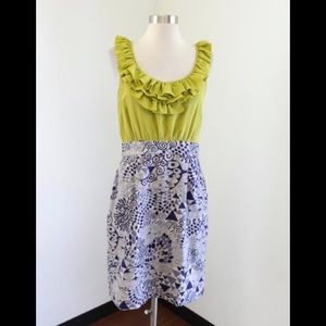 Anthropologie Maeve 8 Seaside Field Silk Green & Purple Dress Ruffle Neck.